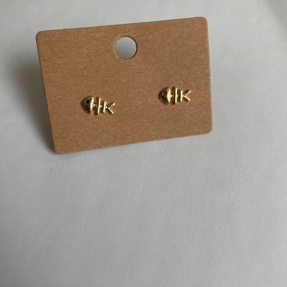 Fishbone Gold Plated Studs Pierced Earrings NWT - Picture 2 of 3